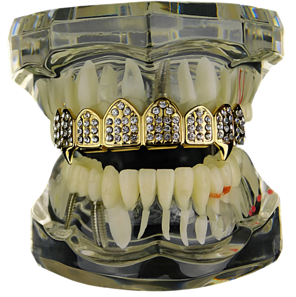 Gold Tone Grillz Fangs Cubic Zirconias 8 Tops Teeth