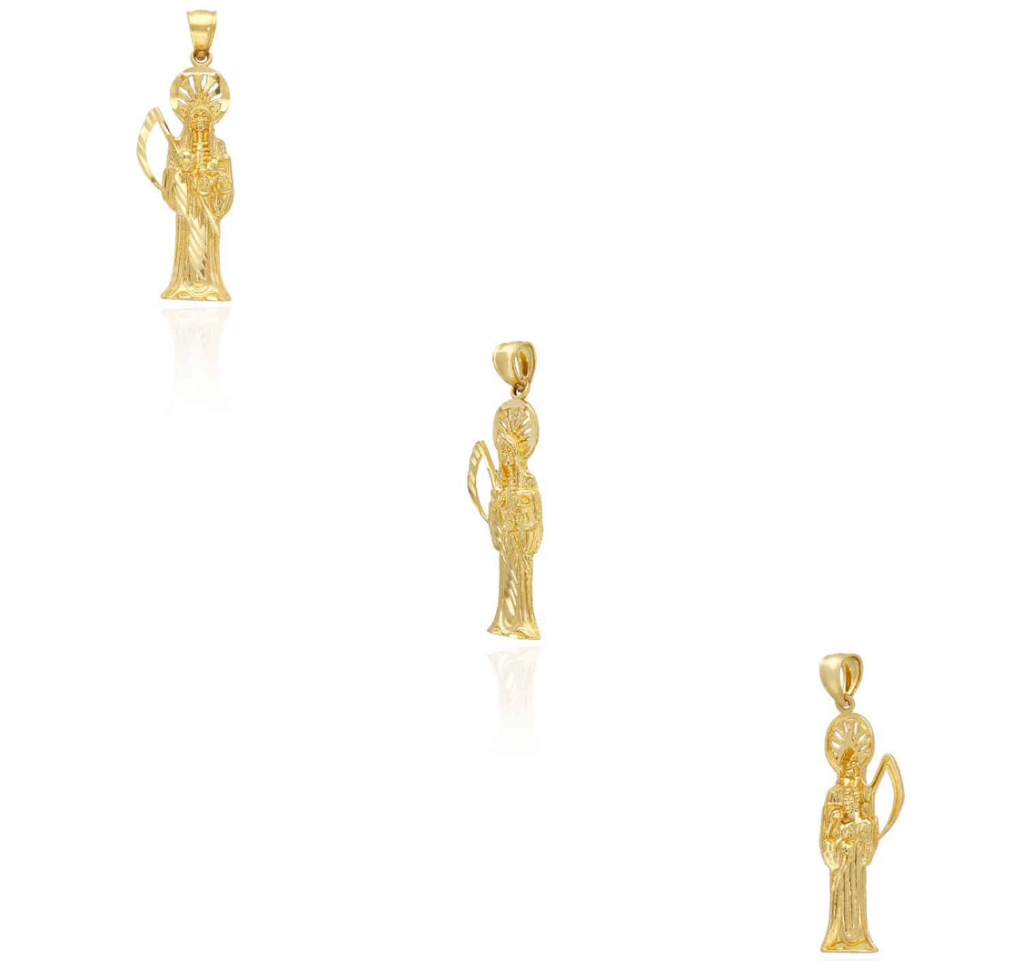 10k Yellow Gold Diamond Cut Santa Muerte Grim Reaper Death Charm 1.4”