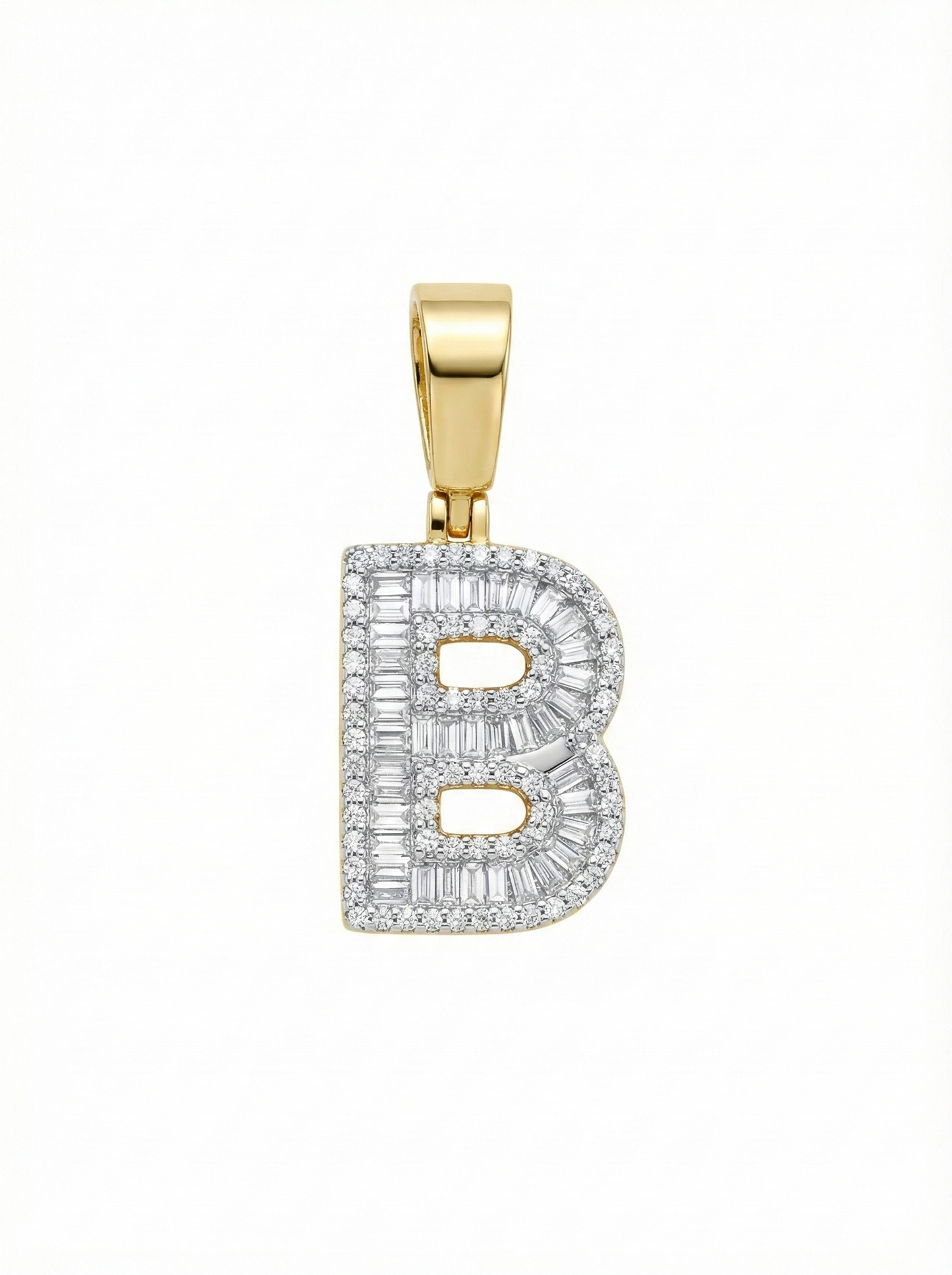 10k Gold Baguette Round Diamonds B Initial Pendant