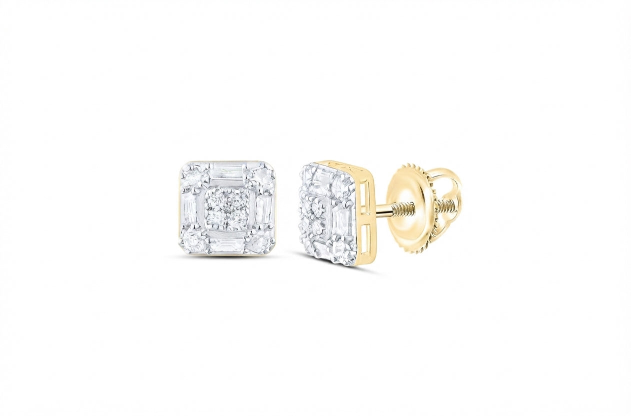 Natural diamond 10K gold men's octagon earrings close-up
