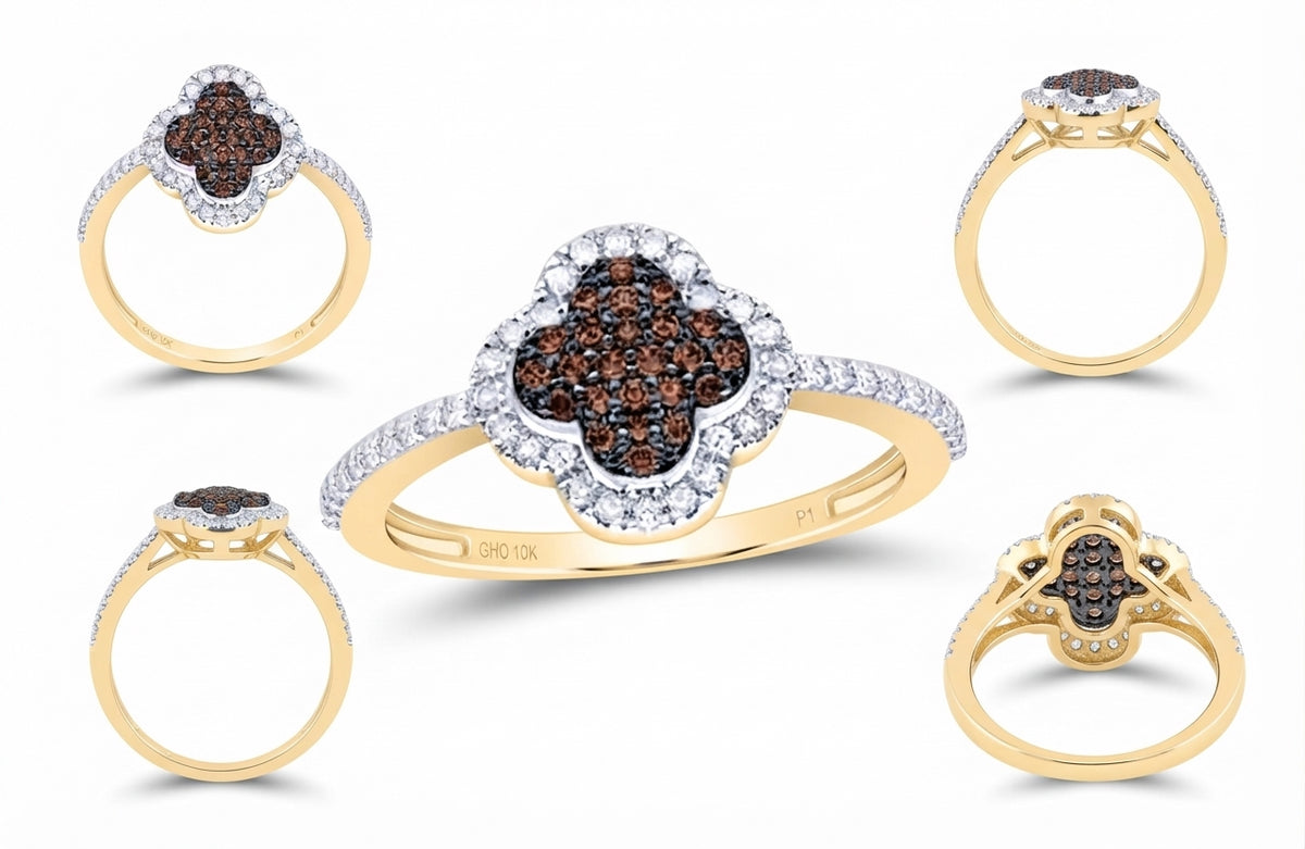 1/4 CTW natural cognac diamond clover ring worn on hand