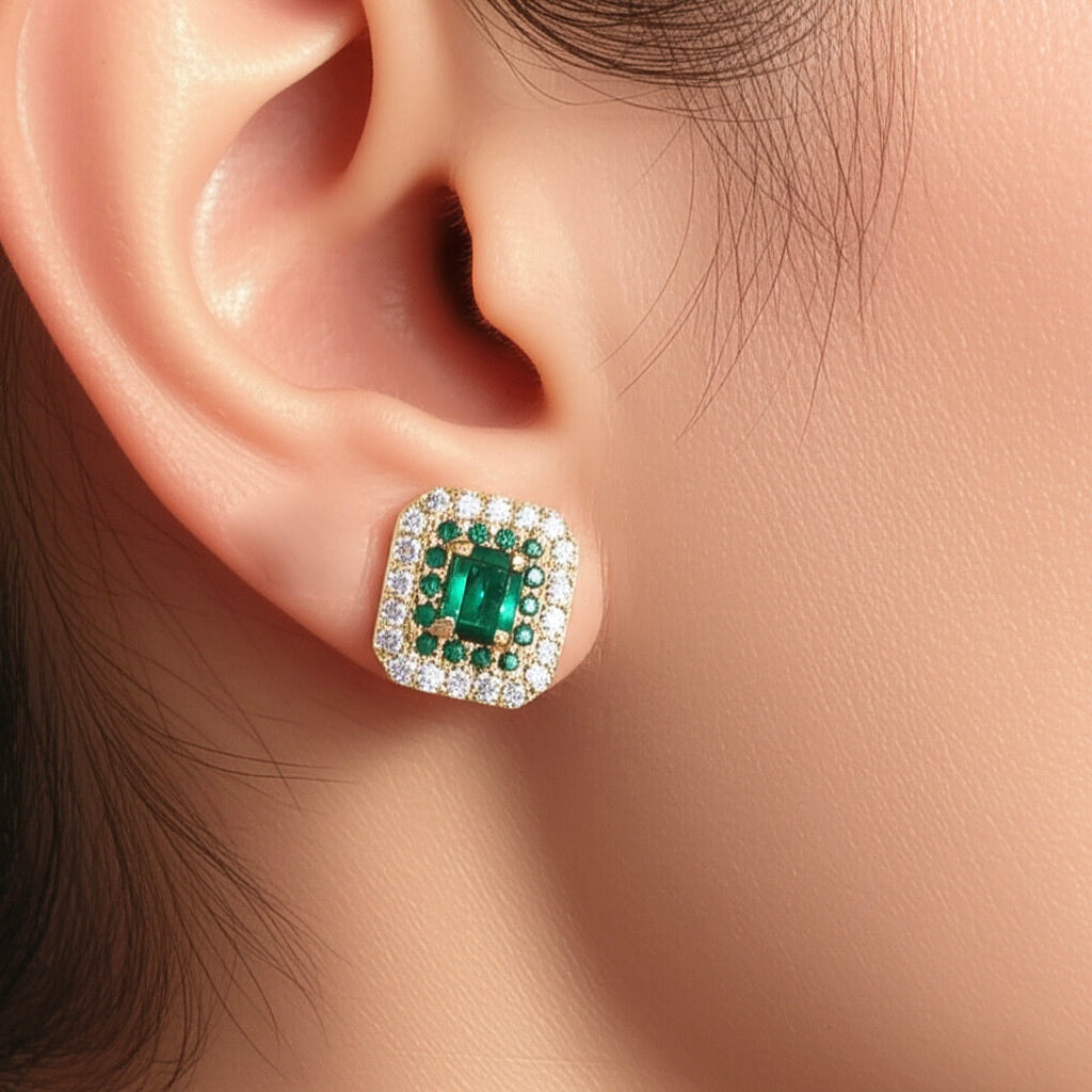 1/4CTW diamond and 1/8CTW emerald 4x3mm natural gemstone stud earrings