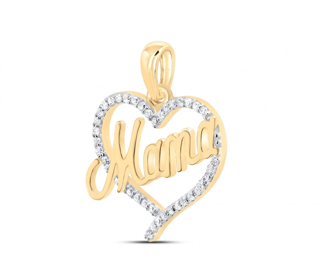 Gold pendant with 'Mama' engraving and diamond accents on a white background