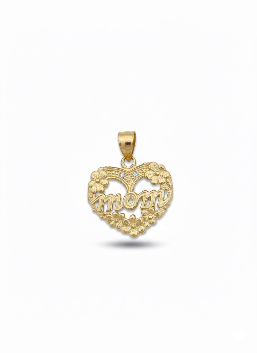 10K Gold Mom Charm pendant with 2 cubic zirconias, solid 10 karat gold