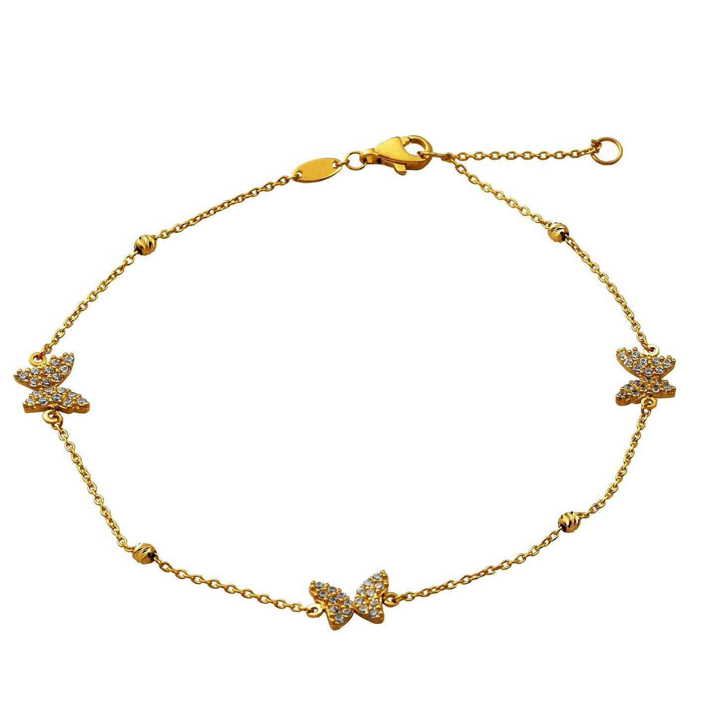 10K yellow gold dainty butterfly anklet adorned with sparkling cubic zirconia stones, perfect for adding a touch of elegance to any outfit.