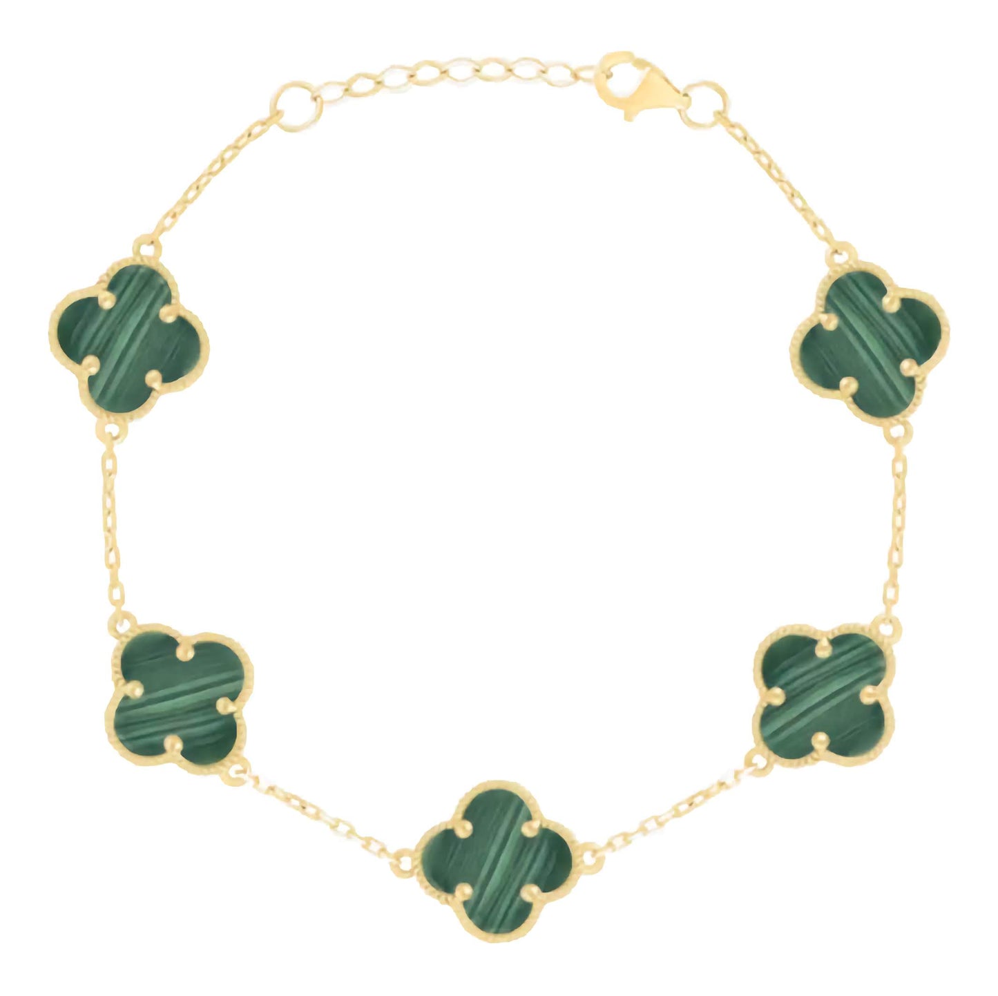 A gold-colored bracelet with green stones shaped like clovers, secured with a gold lobster clasp.