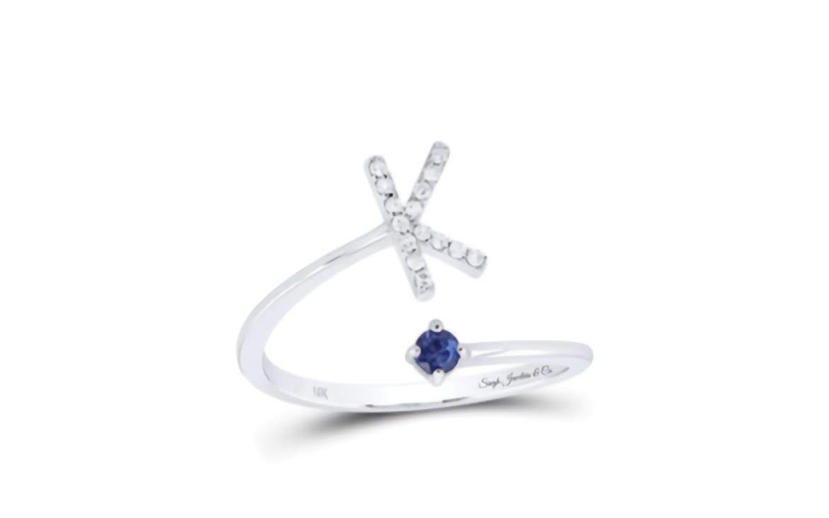 10k White Gold Natural Blue Sapphire 1/20 Cttw Diamond Initial "K"