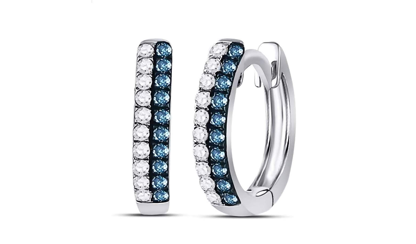 Front view of 10K blue diamond huggie earrings with 1/5 Cttw total carat weight, elegant design for women