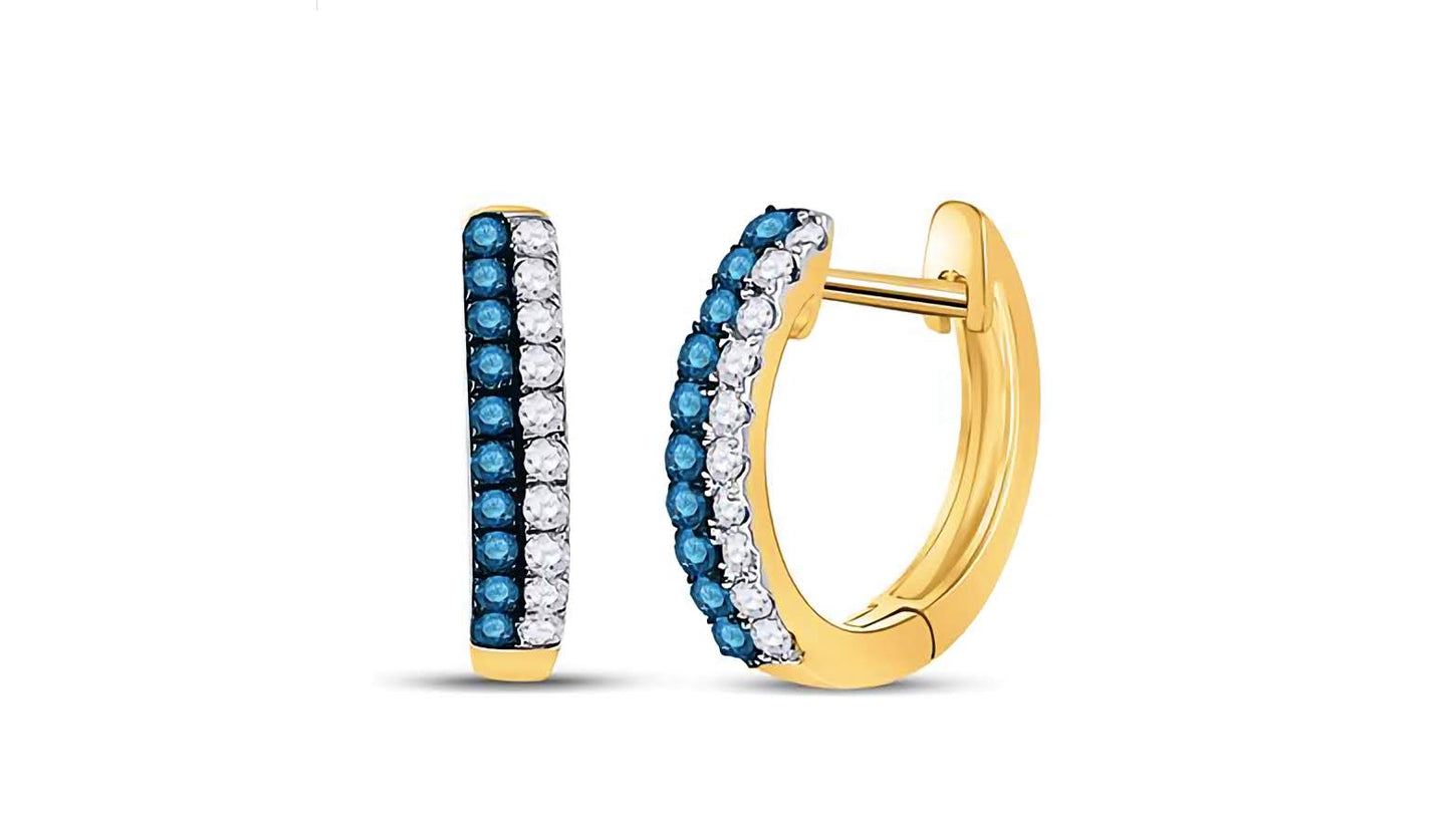 Side angle of 10K blue diamond huggie earrings showcasing 1/5 Cttw, crafted in 10K white gold.