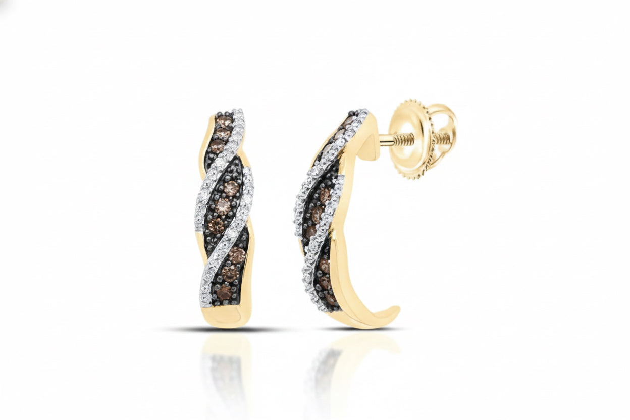 10K gold brown champagne diamond hoop earrings, elegant fine jewelry