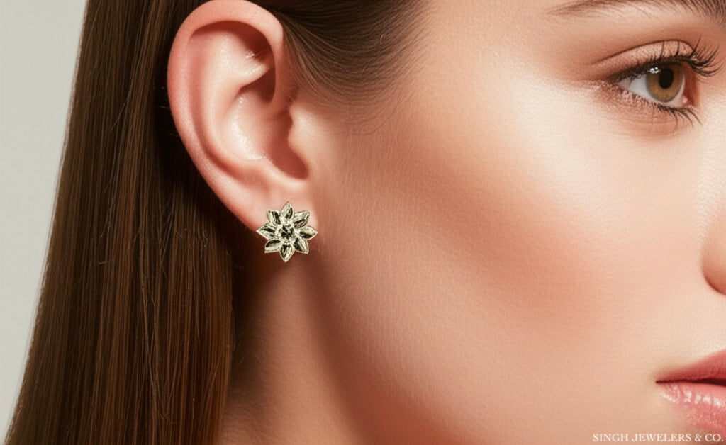 Woman wearing 10k gold cognac diamond earrings for everyday elegance