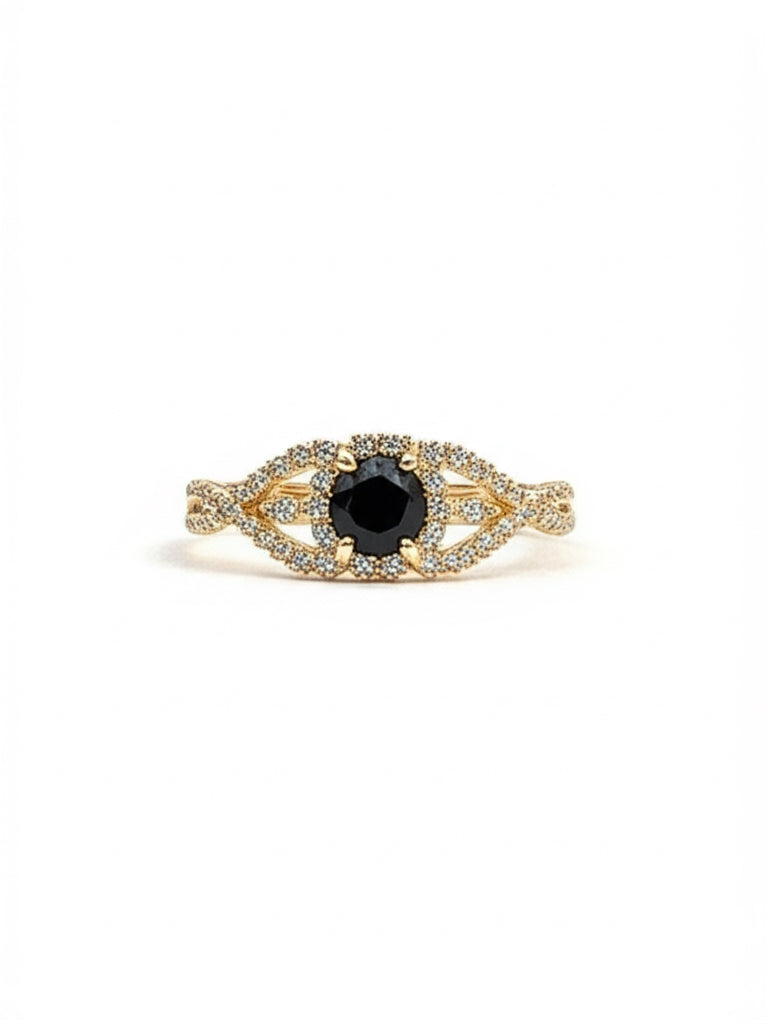 10k gold black & white sapphire criss cross ring, elegant engagement band