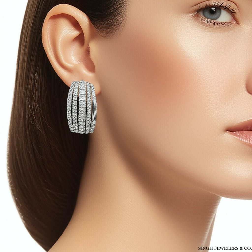 10K gold hoop earrings with 1.00 CT round diamonds for women