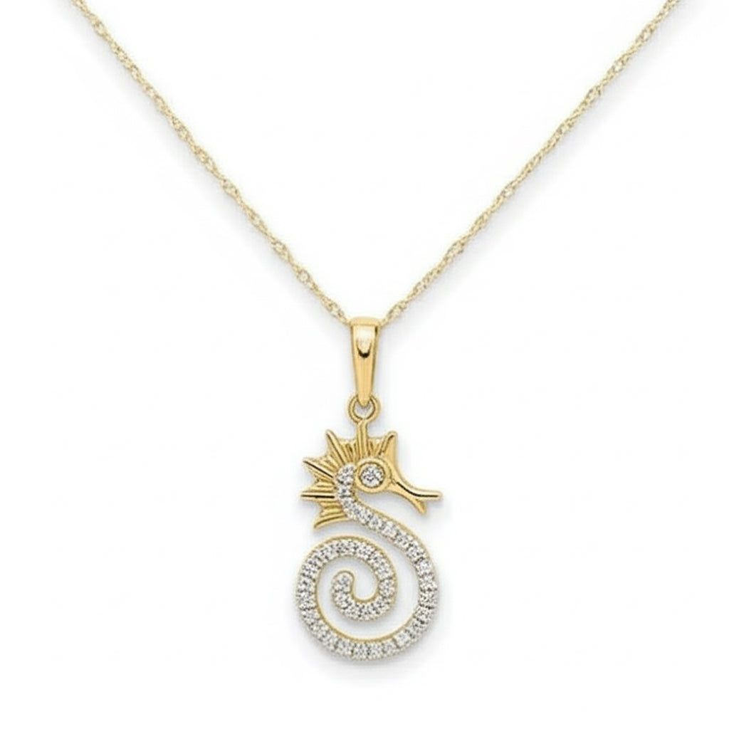 10K yellow gold seahorse pendant with 1/8 CT diamonds on 18-inch chain