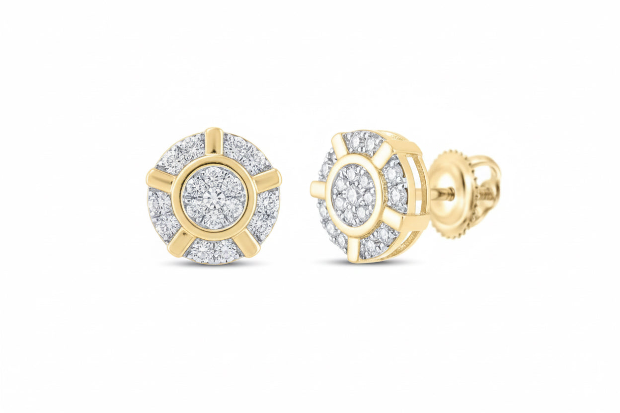 Gold earrings with diamond accents on a white background
