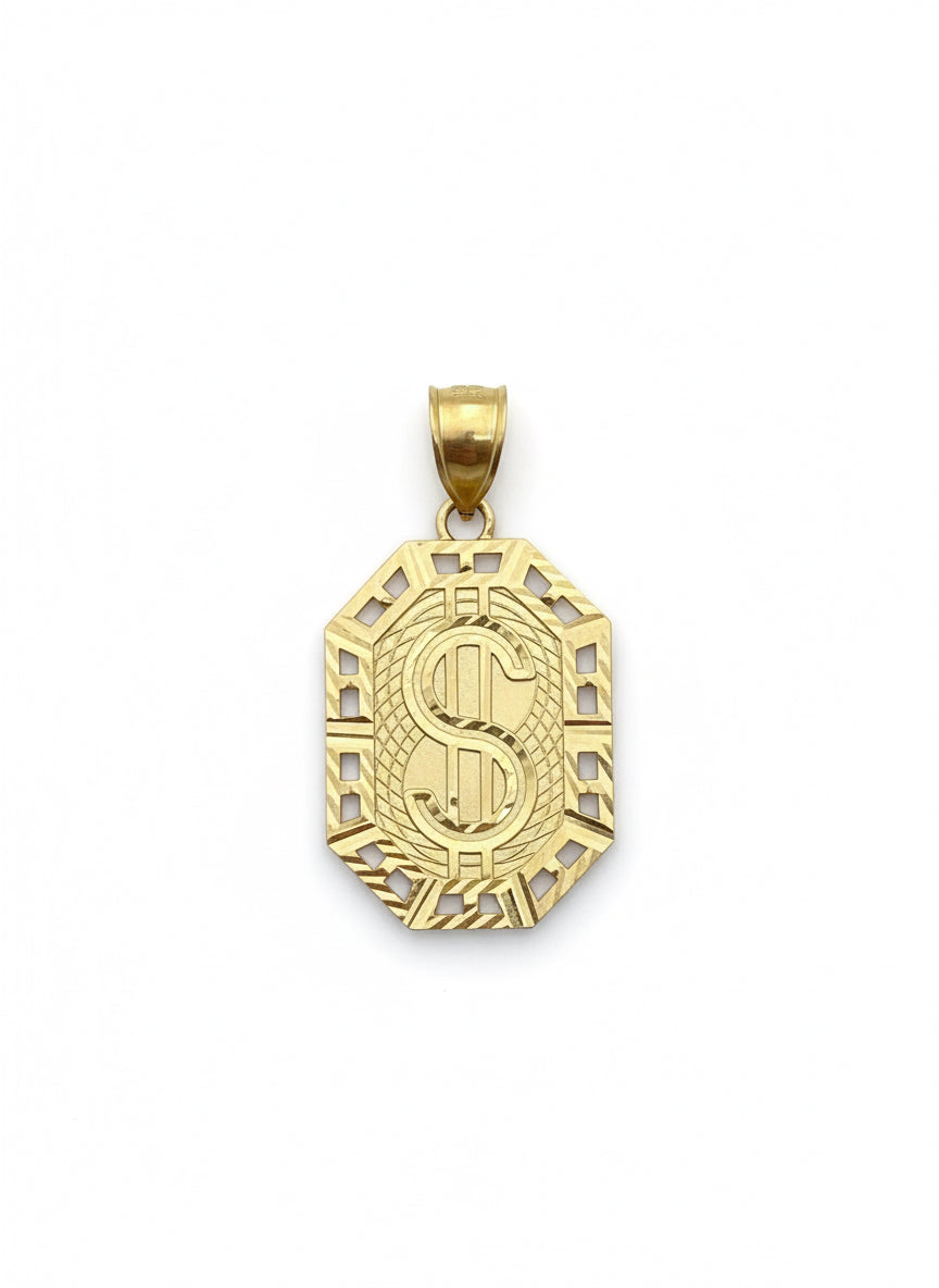 10K solid yellow gold dollar sign charm in octagon shape – chain not included