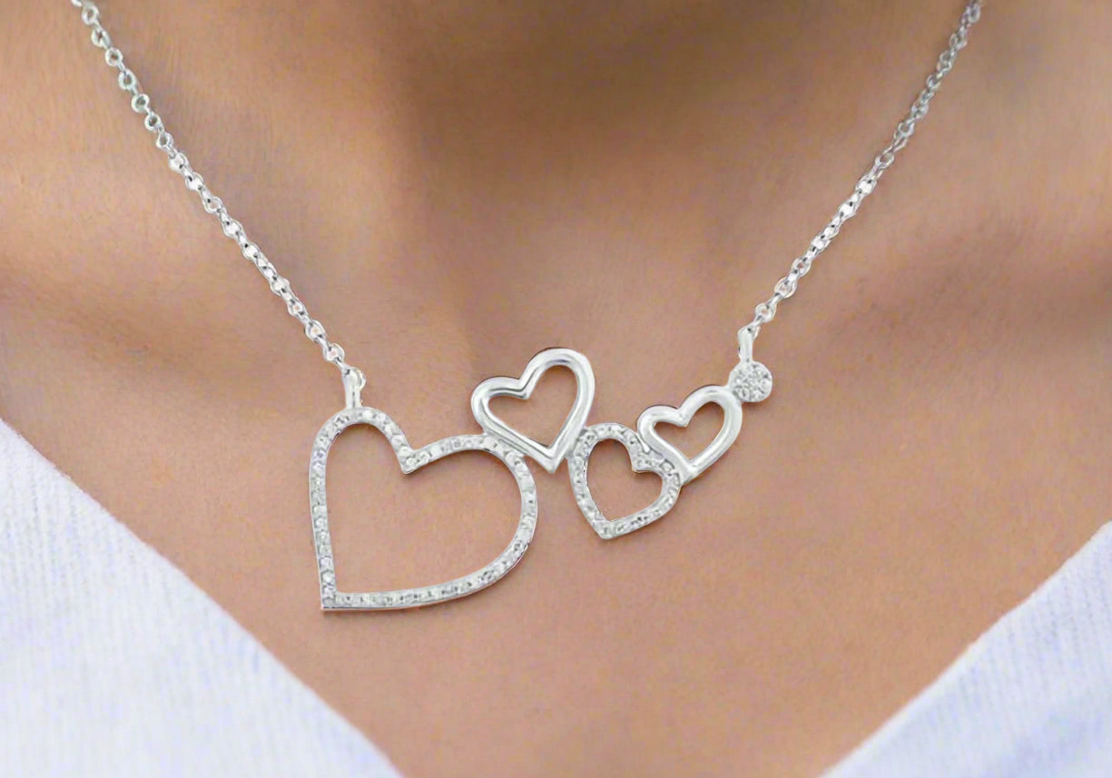 10k gold floating hearts diamond necklace with 1/6 cttw diamonds, 18-inch chain for women