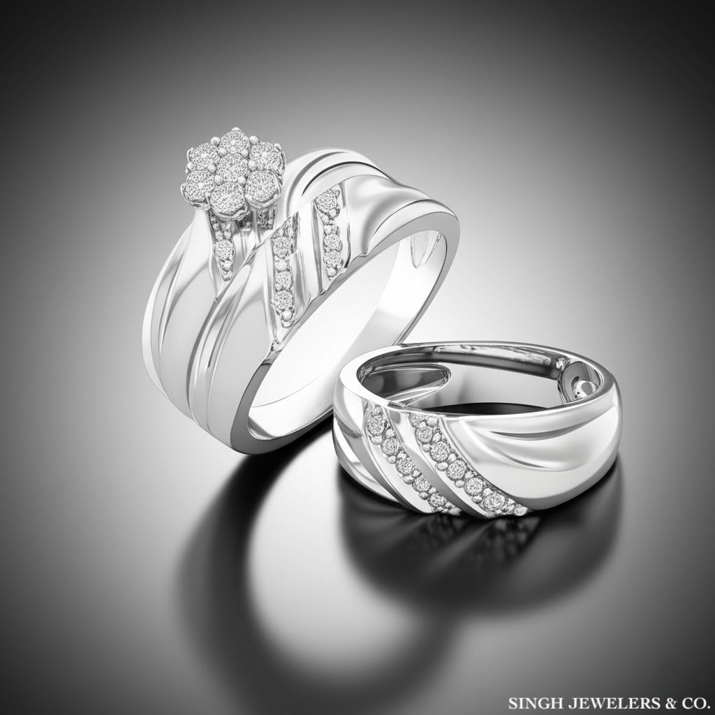 Two silver rings with diamond accents on a gray background, branded 'Singh Jewelers & Co'.