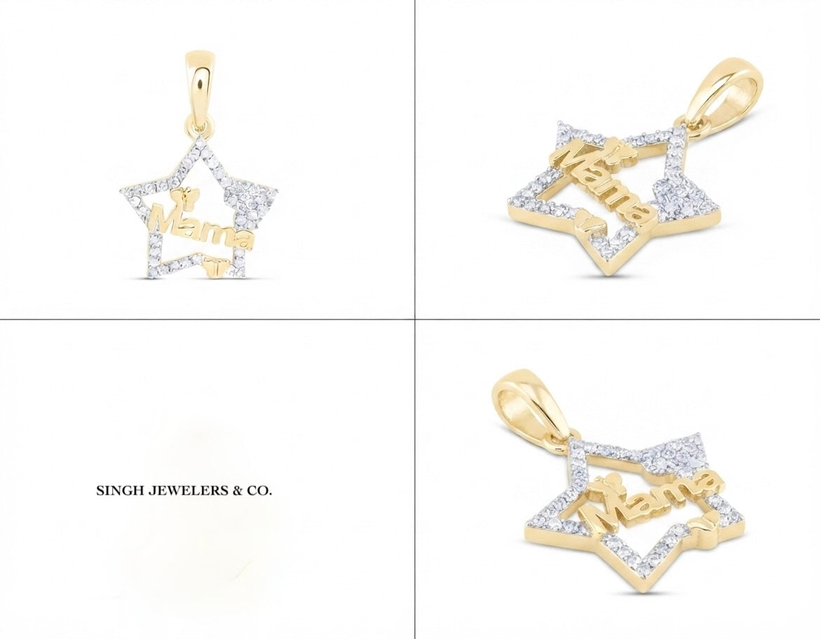 A four-panel product collage showing a gold star-shaped pendant with clear pavé stones and the name 'Mama' engraved in gold. The top-left view shows the pendant alone, the top-right shows a slightly closer angled view, the bottom-right shows another angle, and the bottom-left contains the text 'SINGH JEWELERS & CO.