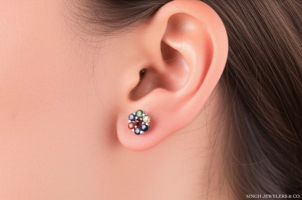 10k gold flower earrings with multi-color sapphires and natural gemstones, vibrant jewelry for women