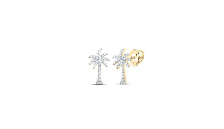 10k gold palm tree diamond stud earrings with 1/5 carat total diamond weight.