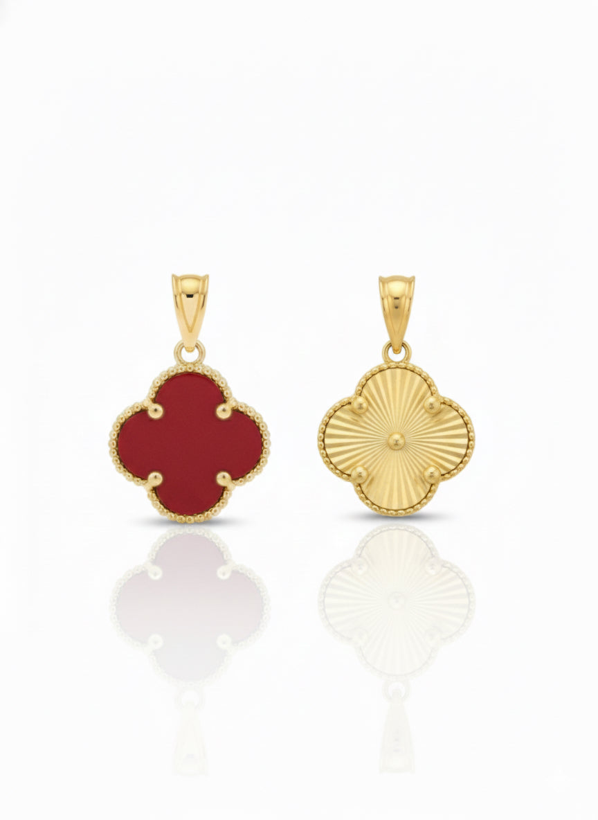 10k gold reversible red & gold clover charm VanCleef inspired with 18 inch chain