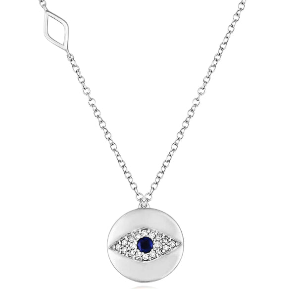 10K princess blue sapphire evil eye necklace with 1/5 cttw white round diamonds, 18 inches