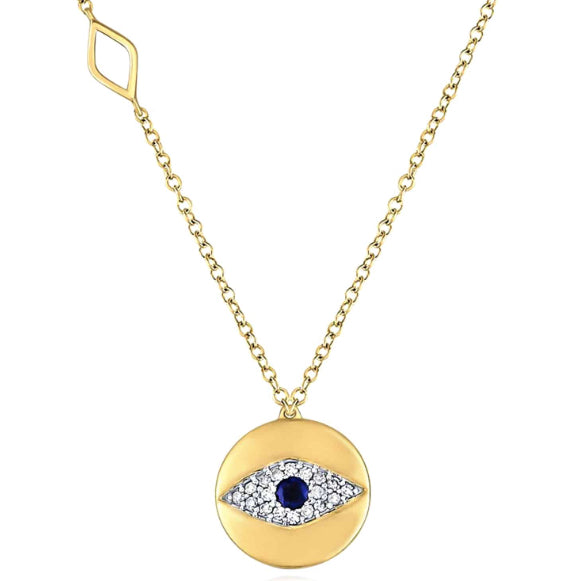 10K princess blue sapphire evil eye necklace with 1/5 cttw white round diamonds, 18 inches
