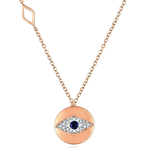 10K princess blue sapphire evil eye necklace with 1/5 cttw white round diamonds, 18 inches