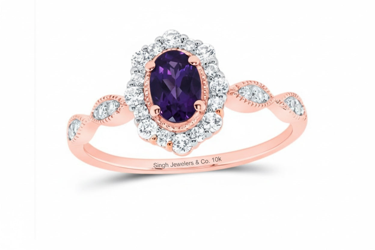 10K rose gold oval amethyst sapphire ring size 7