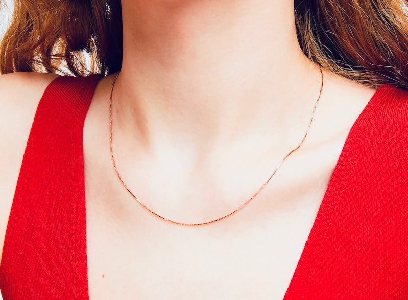 10K rose gold 0.50mm box chain necklace, 16 inches long