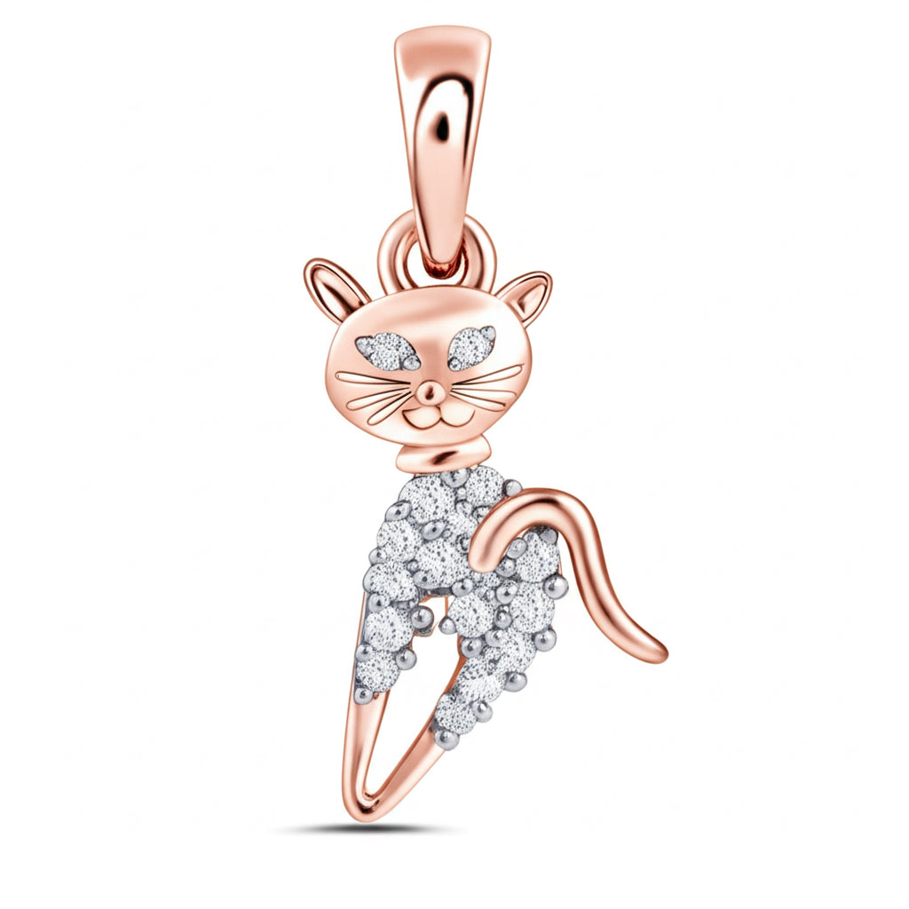 Rose gold cat-shaped pendant with diamond accents on a white background