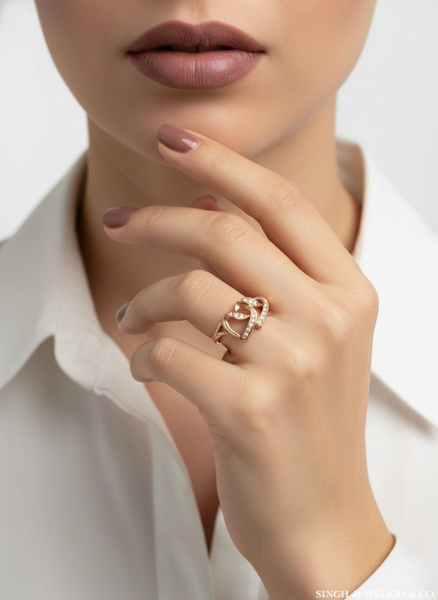 10K rose gold double hearts diamond ring size 7 worn on finger