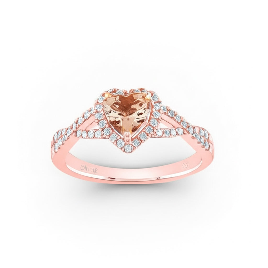 Front view of 10K rose gold heart-shaped morganite and diamond ring