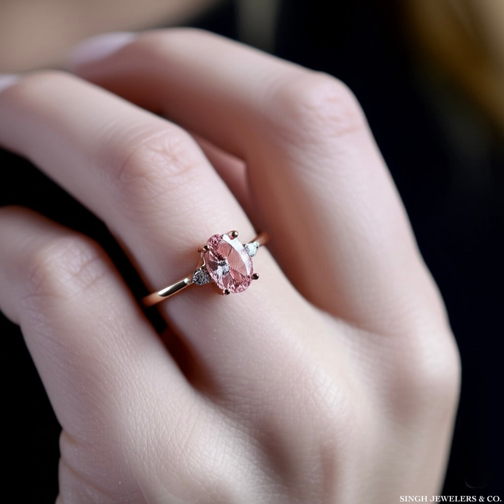 Close-up of a hand wearing a pink gemstone ring with a blurred background