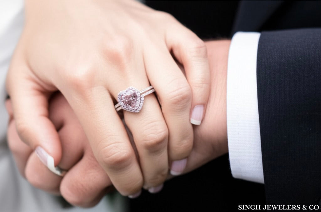 Close-up of hands holding together with a pink diamond ring, featuring Singh Jewelers & Co. branding.