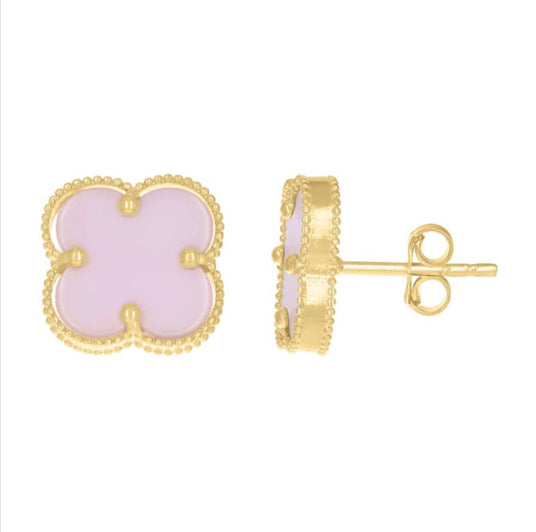 Close-up of pink clover design on 10K gold stud earrings