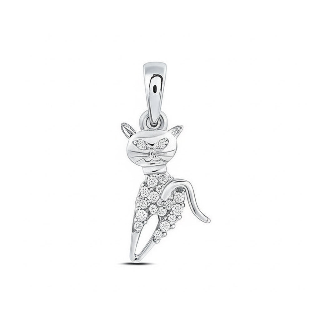 Silver cat-shaped pendant with embedded stones on a white background