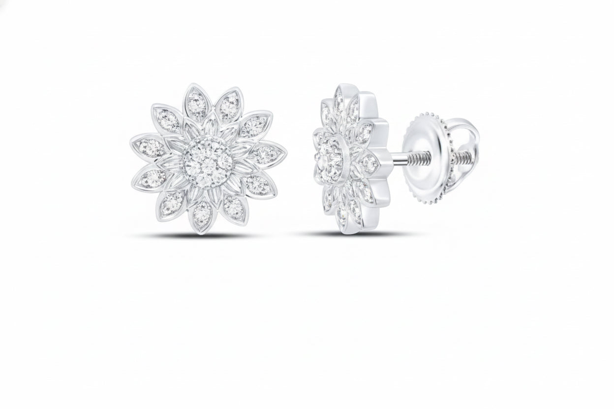 Pair of silver floral earrings on a white background
