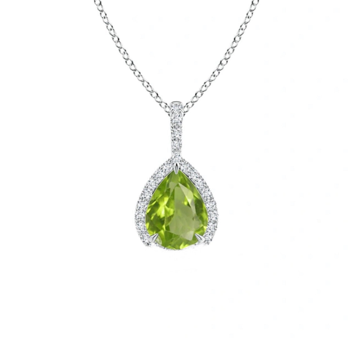 10K White Gold Diamond Pear Peridot Birthstone Pendant – August Birthstone with Diamonds