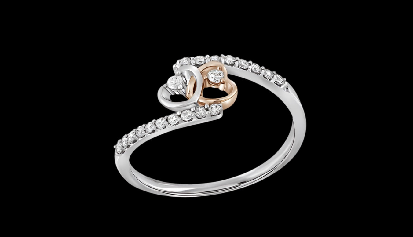 Promise ring in 10k white gold with double heart design and 1/5 Cttw diamonds, size 7