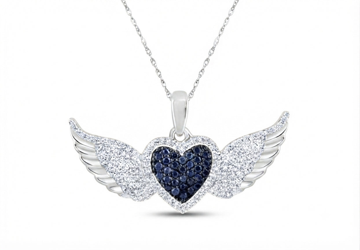 10K White Gold Blue Sapphire Diamond Wing Heart Pendant Necklace 3/8 CTTW Round Natural Sapphire