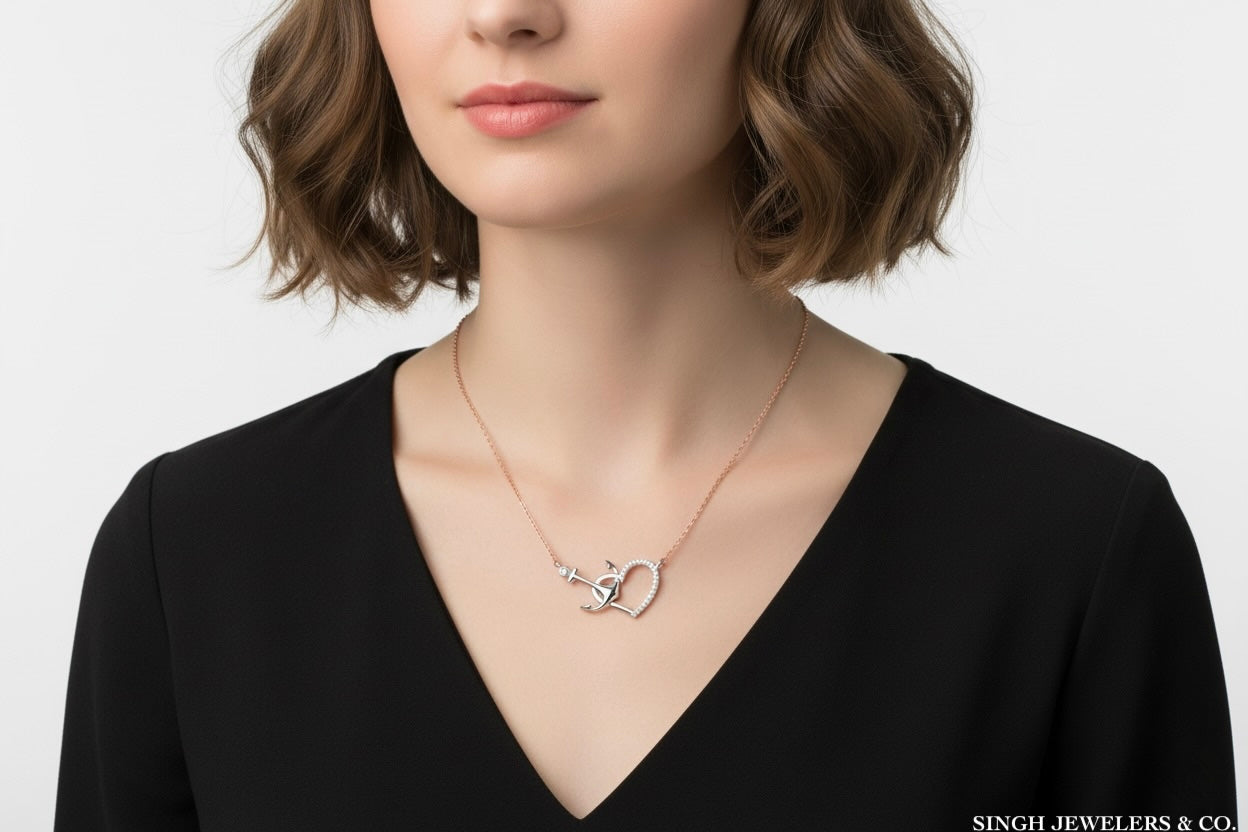 10K white gold round diamond heart anchor pendant necklace, 1/12 CTTW, elegant and meaningful jewelry piece