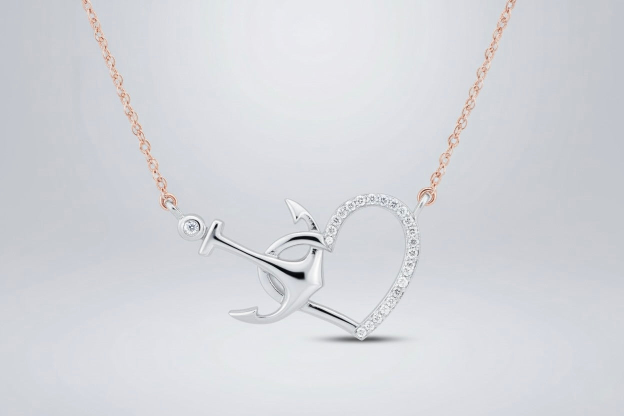 10K white gold round diamond heart anchor pendant necklace, 1/12 CTTW, elegant and meaningful jewelry piece