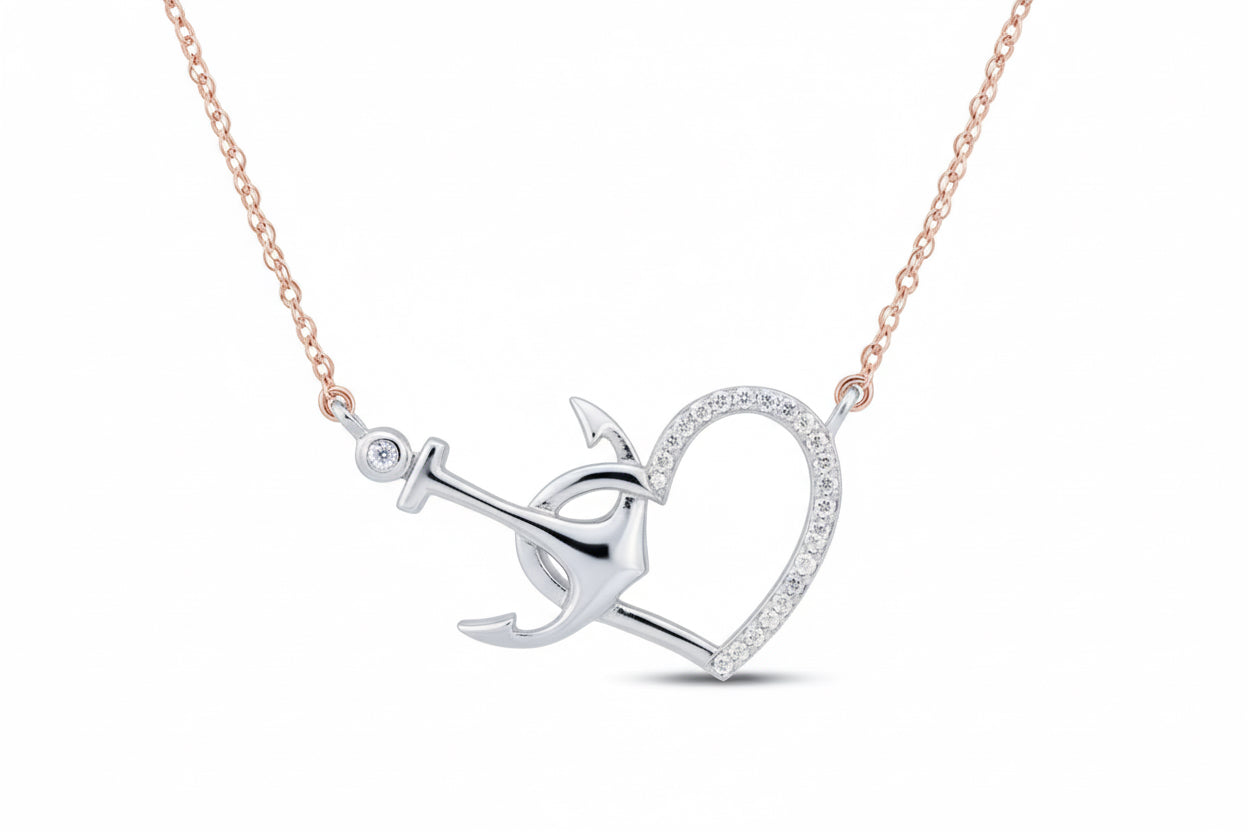 10K white gold round diamond heart anchor pendant necklace, 1/12 CTTW, elegant and meaningful jewelry piece