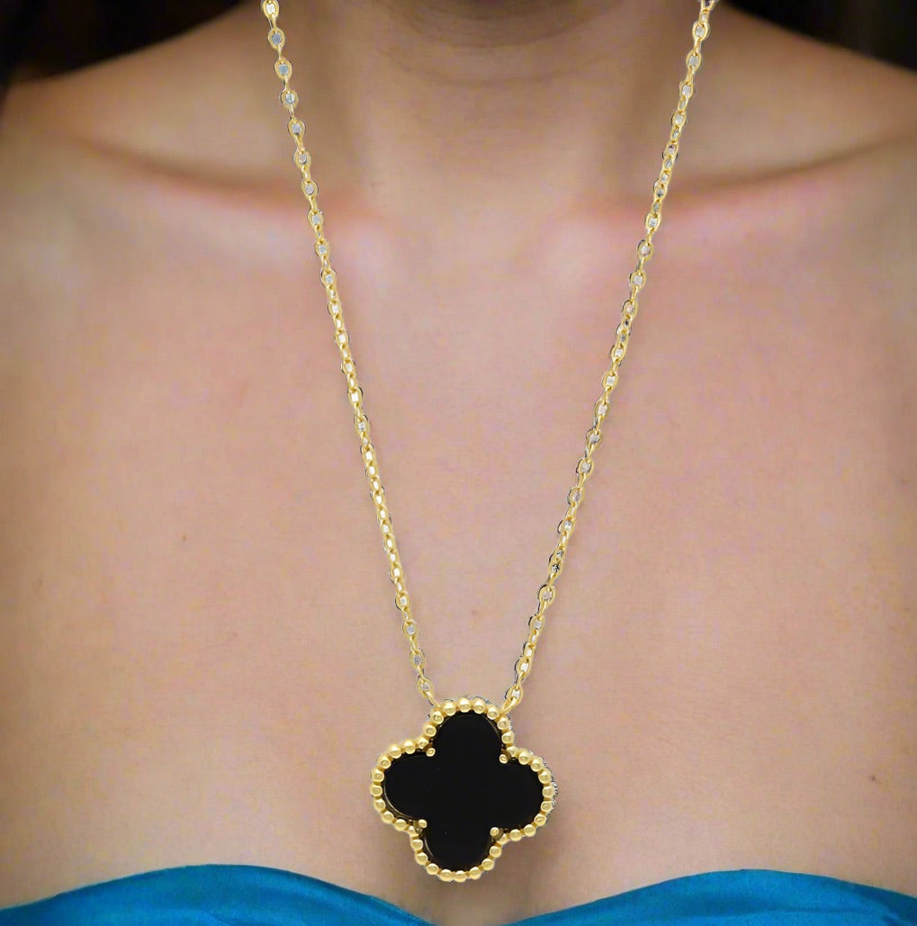 10K Yellow Gold Black Clover Necklace – 12mm Pendant