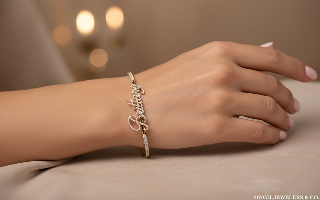 Model wearing 10K Yellow Gold Brittany Diamond Bangle with 2.625 carats round diamonds