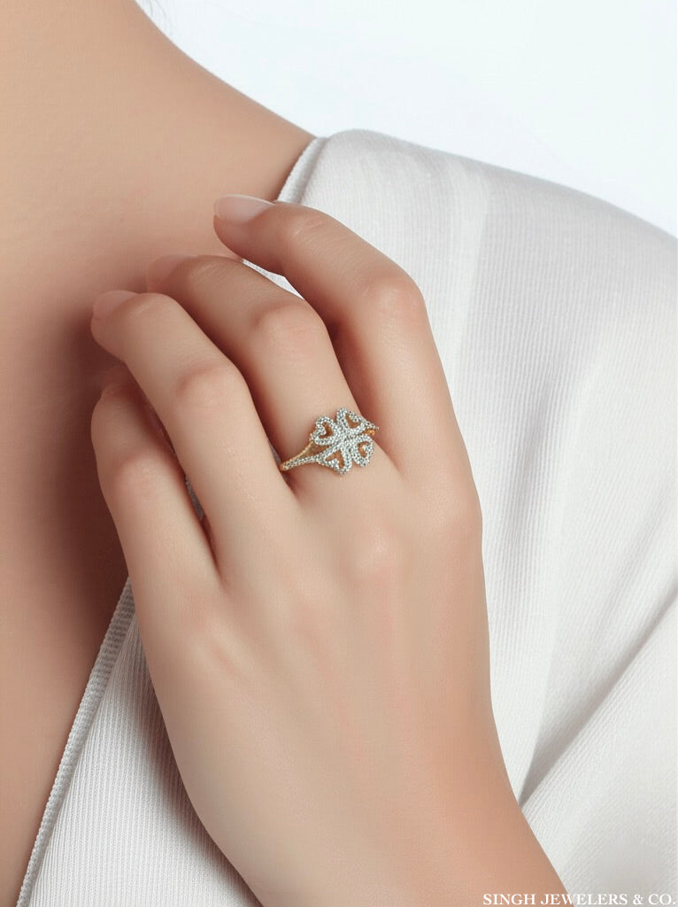 10K Yellow Gold Clover Ring with 1/4 Ct Heart-Shaped Diamonds