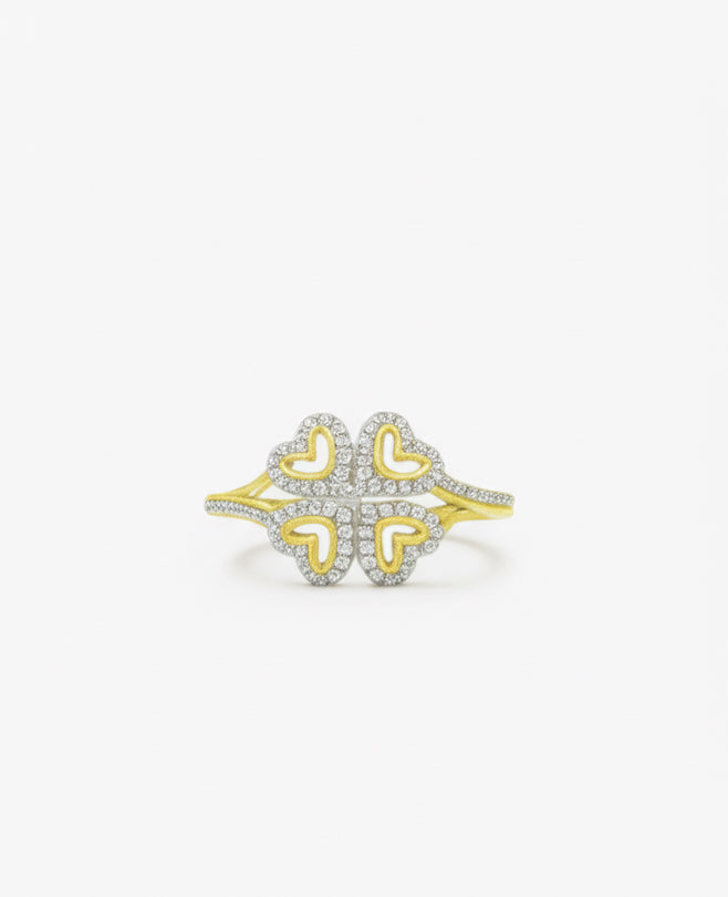 10K Yellow Gold Clover Ring with 1/4 Ct Heart-Shaped Diamonds