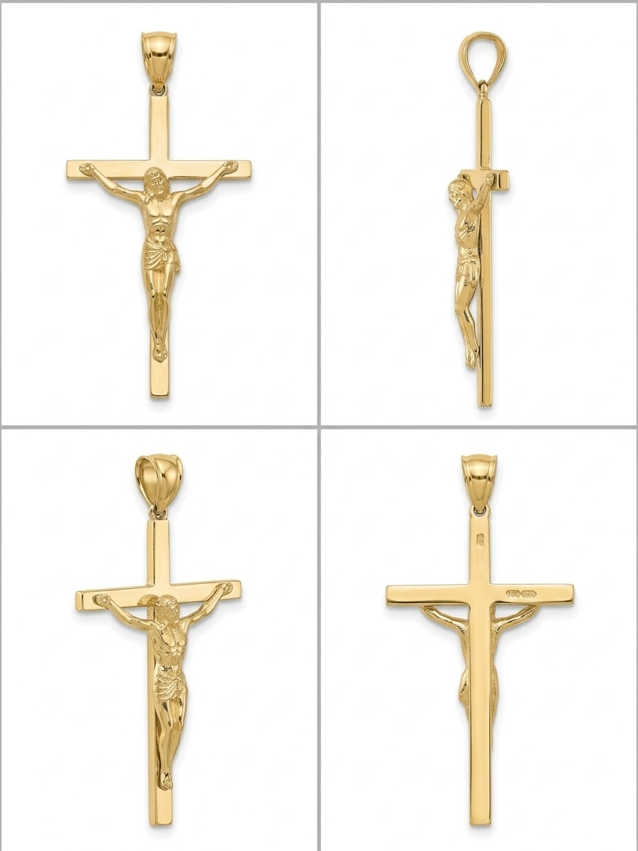 10K yellow gold crucifix cross pendant featuring Jesus Christ on the cross different angles